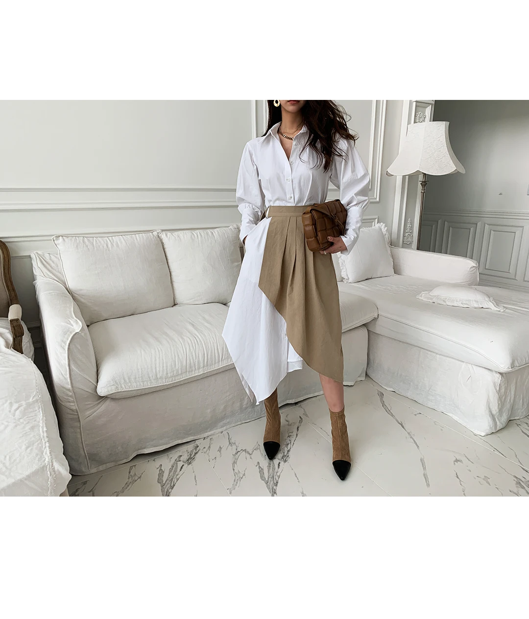 

Stylish Women Turn-down Collar Irregular Shirt Dress Elegant Long Sleeve Female Pleated Dress 2021 Spring 2 Pieces