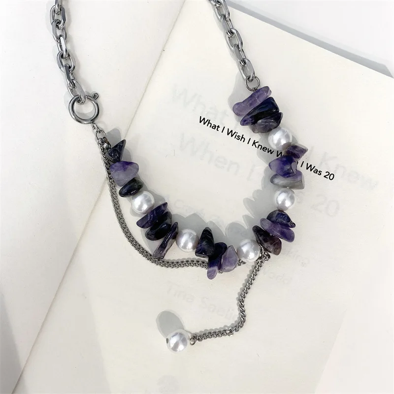 

Hip Hop Rock Irregular Purple Stone Chokers Necklace for Women Girl White Pearls Beads Long Tassel Pendant Necklace Punk Jewelry