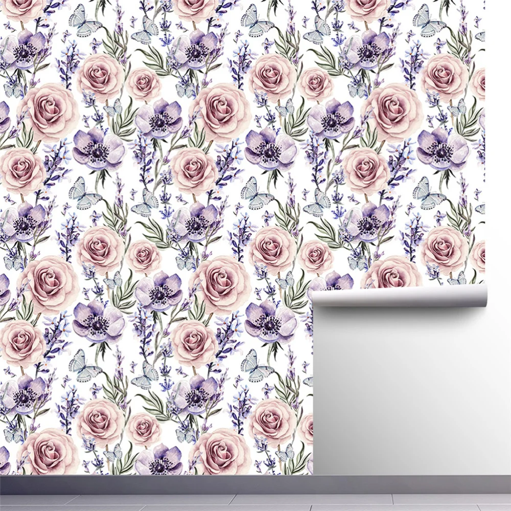 

1pc Watercolor Lavender Rose Background Wallpaper Waterproof Wallpaper Self-adhesive Wall Decal 45x200cm(Lavender)