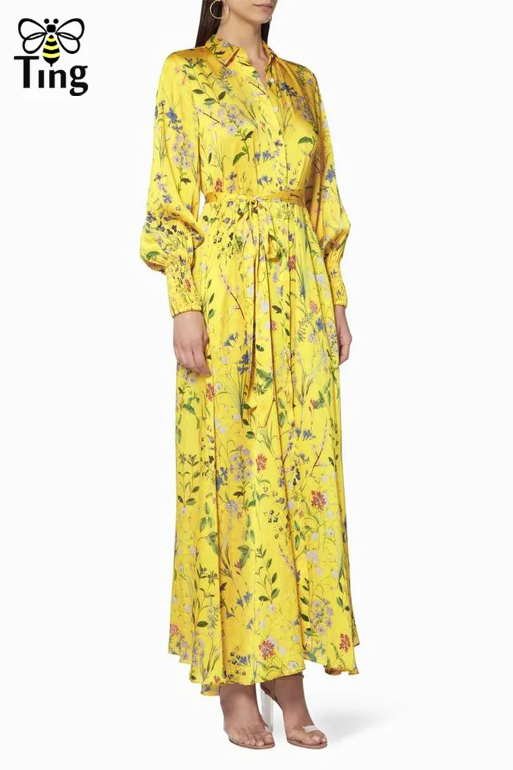 Дизайнерское желтое платье макси Tingfly с цветочным принтом весеннее винтажное