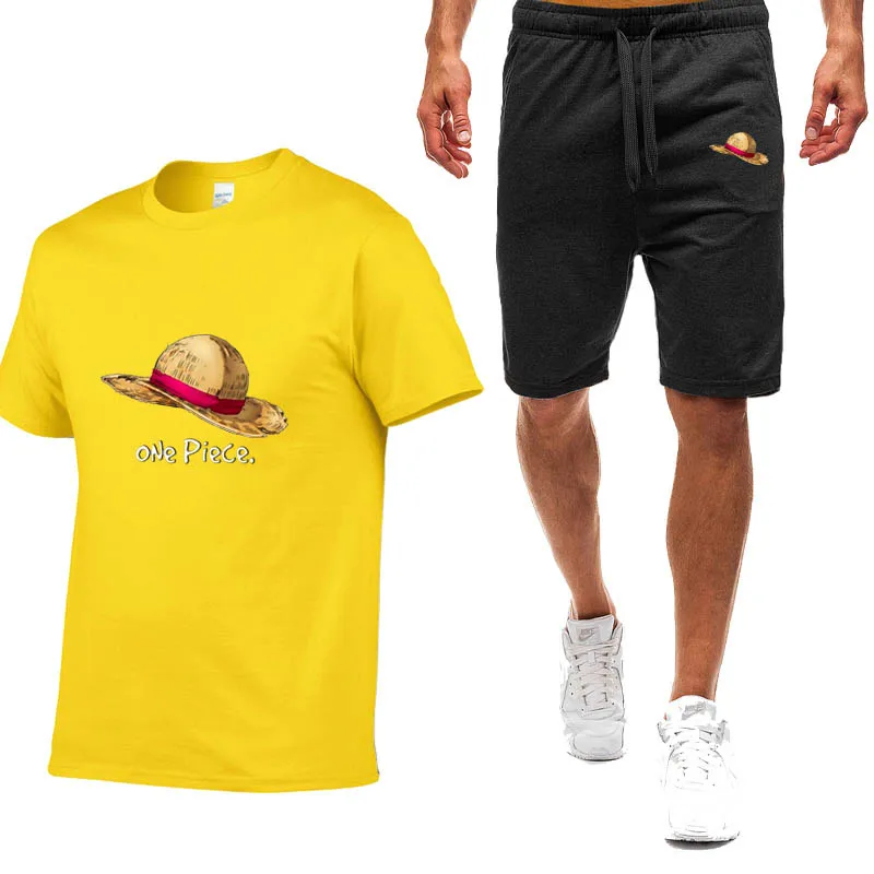 

2021 cotton slimming 2 piece patchwork print men's summer O collar sportswear suit new short-sleeved men's T-shirt sportswear