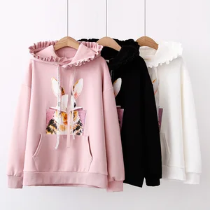 Корейские хлопковые флисовые толстовки Kawaii для женщин, девочек-подростков, в стиле Харадзюку, с принтом розового кролика, пуловер с длинными рукавами и лентой