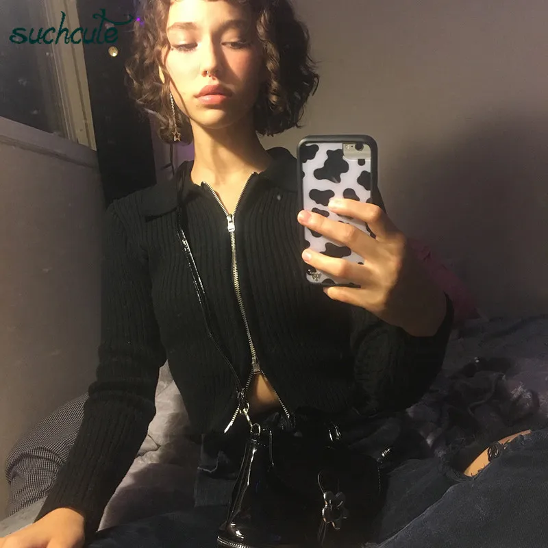 SUCHCUTE Modis, Женская куртка, свитер, кардиган на молнии, черный, вязаный, Повседневный, длинный, осень, праздничная женская одежда