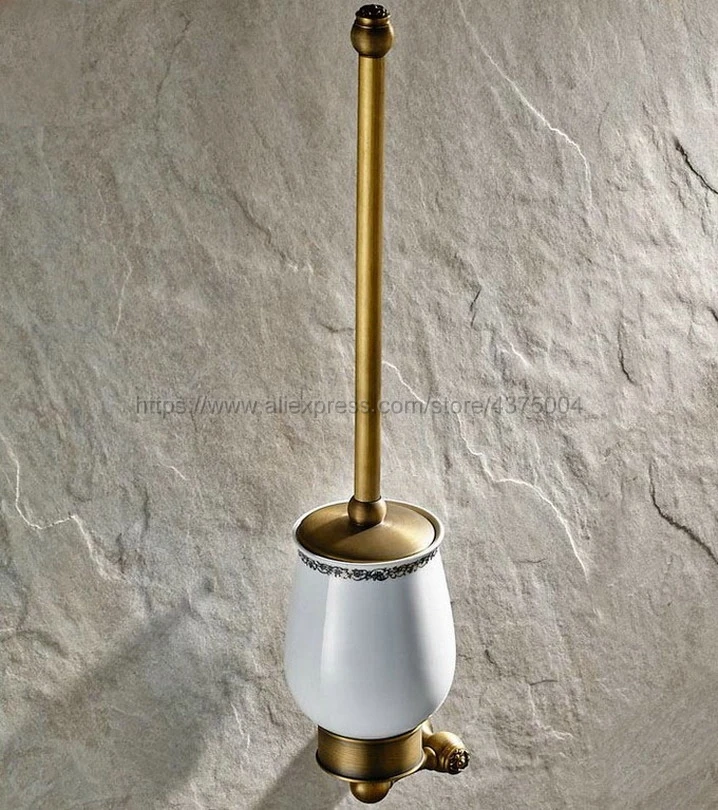 

Wall Mounted Bathroom Toilet Brush Holder, Antique Brass Color, With Ceramic Cup Cleaning Tools Toilet Bowl Brush Set Nba422