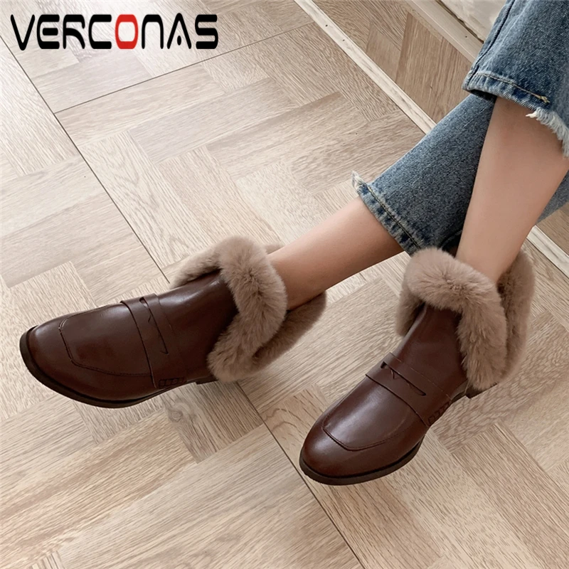 

VERCONAS Female Retro Casual Ankle Boots For Women Autumn Winter Warm Low Heels Shoes Woman Genuine Leather Rabbit Hair Boots