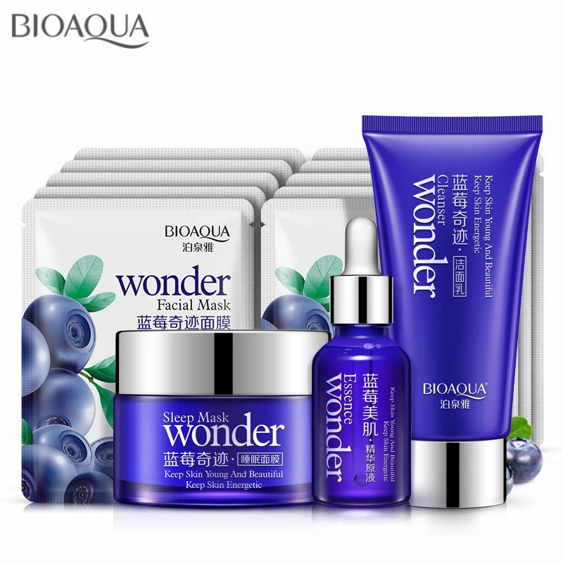 

BIOAOUA Blueberry Skin Care Set Cleanser Sleeping Mask Facial Mask Sheet Hyaluronic Acid Essence Liquid Anti Wrinkle Anti Aging