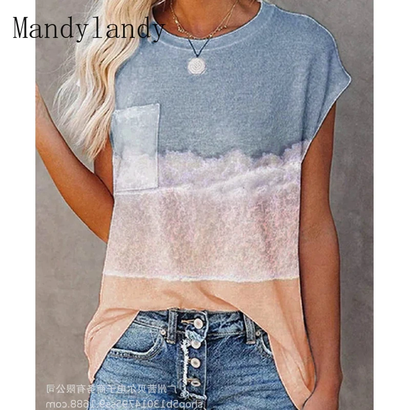 

Mandylandy T-shirt Summer Fashion Short Sleeve O-Neck Pullover T-shirt Top Women's Sexy Gradient Color Printed Loose T-shirt