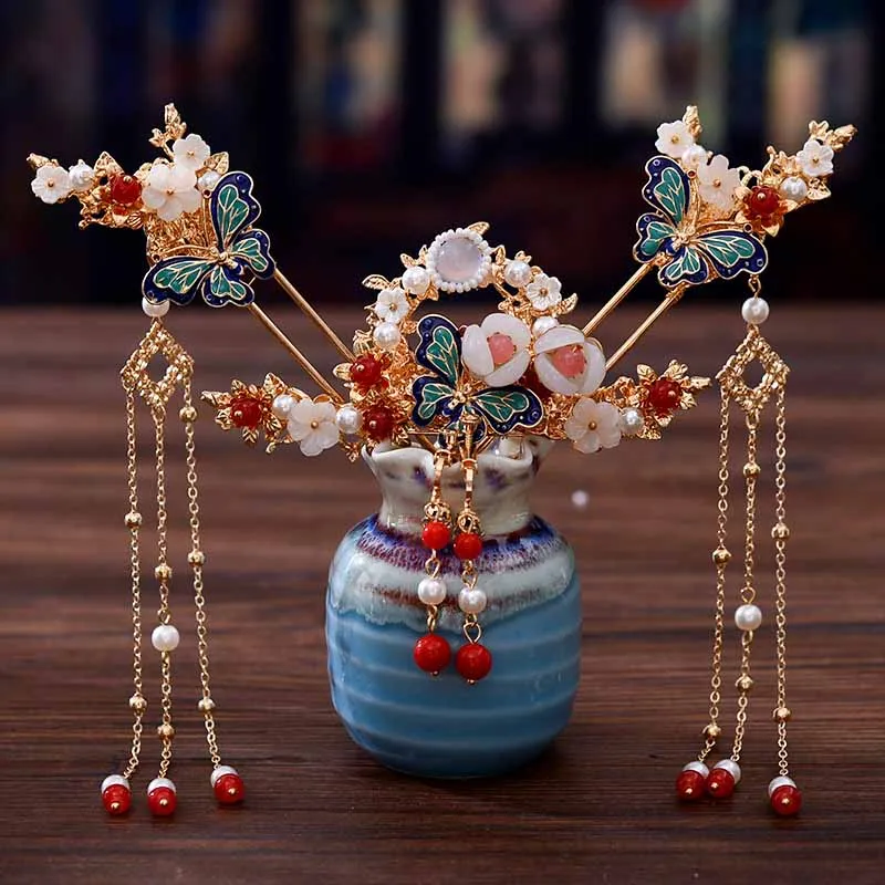 

Chinese Style Hanfu Heirloom Step Shake Tassel Dish Hairpin Female Bride Ancient Dress Wedding Hair Accessories Set DL