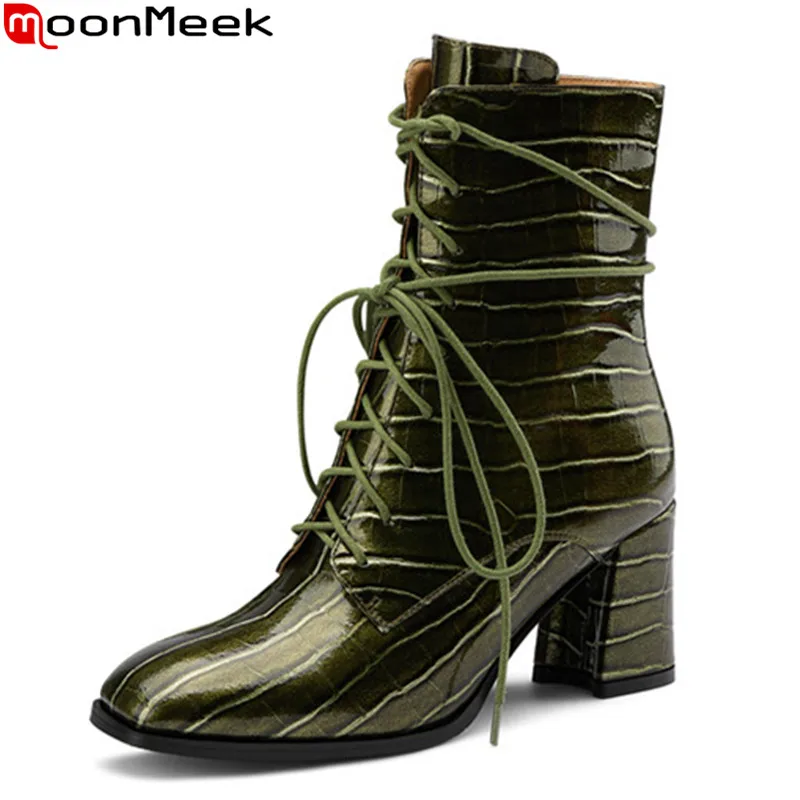 

MoonMeek 2020 Big size 33-45 fashion high heels shoes genuine leather boots simple lace up winter ankle boots for woman