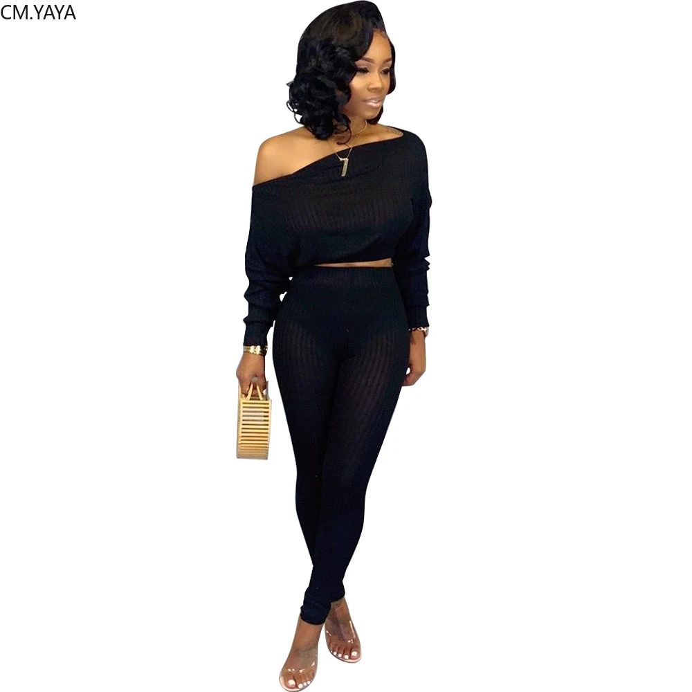 Осенний вязаный Однотонный женский комплект свитер с открытыми плечами и