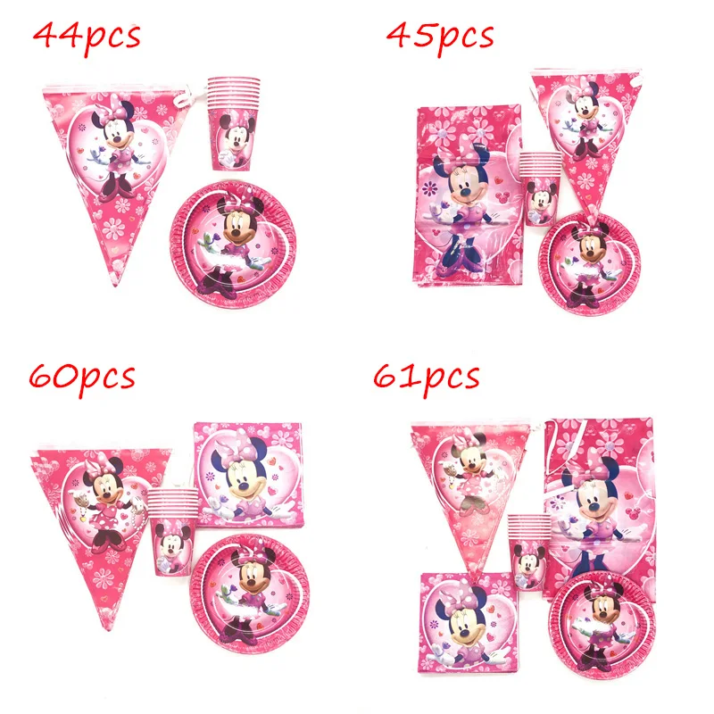 61 шт./лот розовые баннеры на день рождения Минни Маус тарелки для вечерние