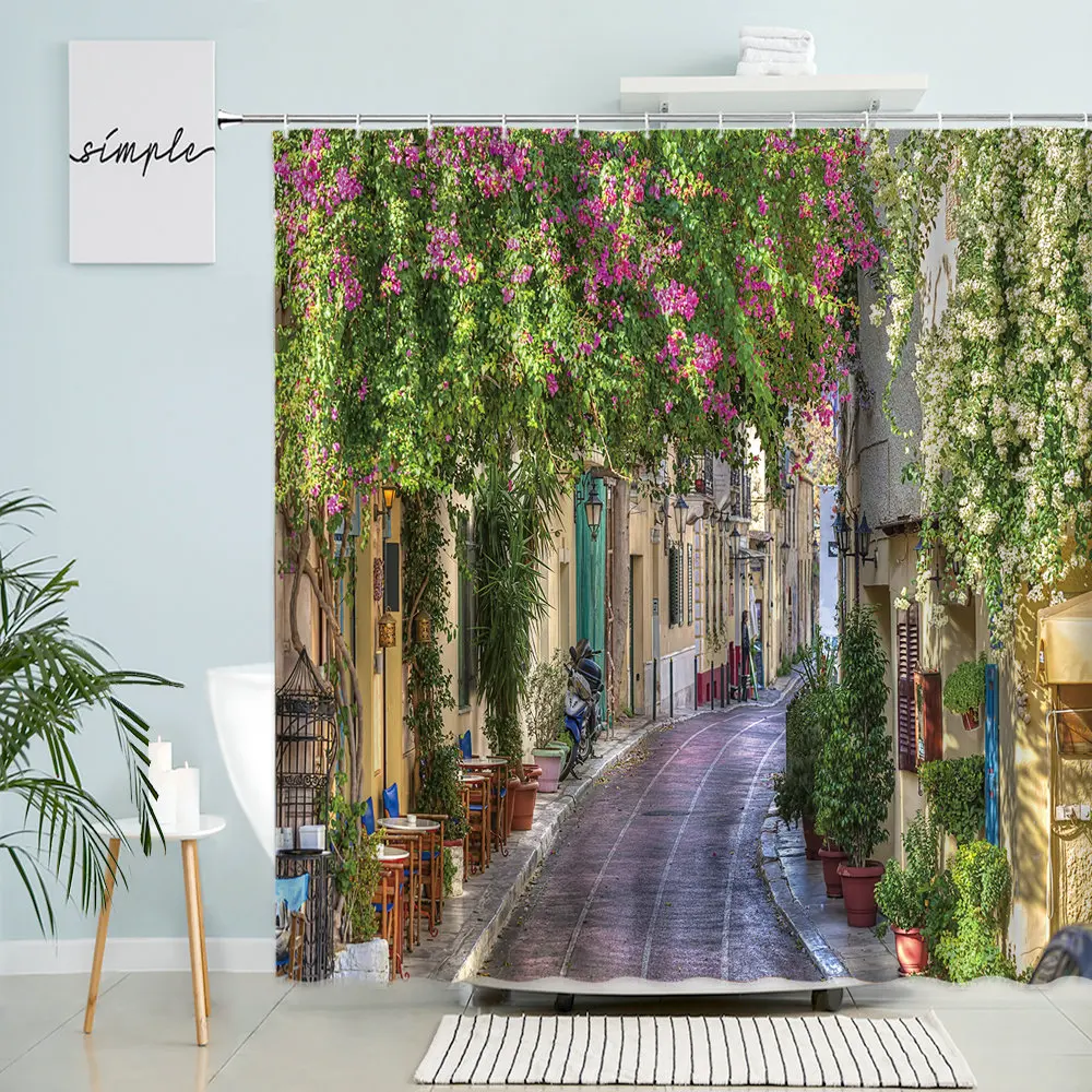 

Rural Street View Shower Curtain European Town Green Plants Flower Vines Natural Scenery Bathroom Waterproof Curtains Home Decor