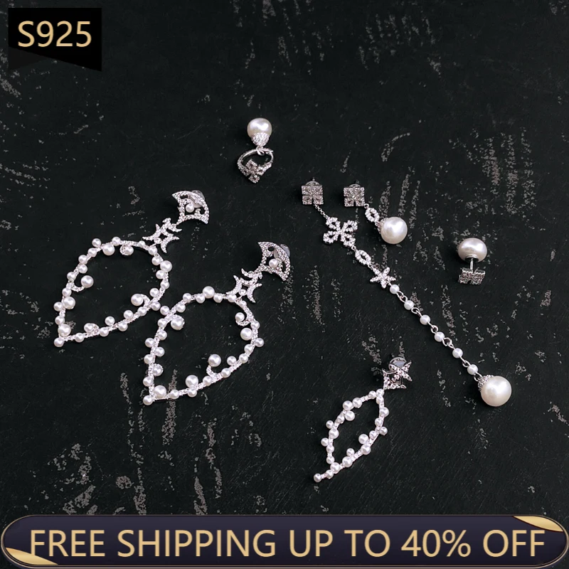 

Модные серьги 925 шарма стерлингового серебра ухо серьги-гвоздики с жемчугом для женщин определённых героев для девочек роскошный бренд Мон...