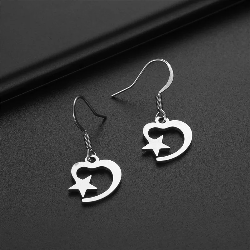 Delicate High Quality Silver Color Hollow Heart Star Hook Earrings Jewelry Stainless Steel Pentagram Drop for Women | Украшения и