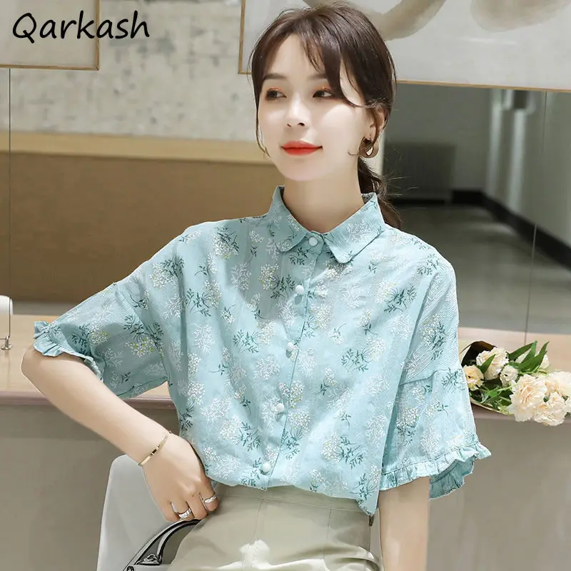 

Рубашка женская с цветочной вышивкой, летняя Милая простая блузка в Корейском стиле для девушек, стильная нежная Базовая и уютная одежда