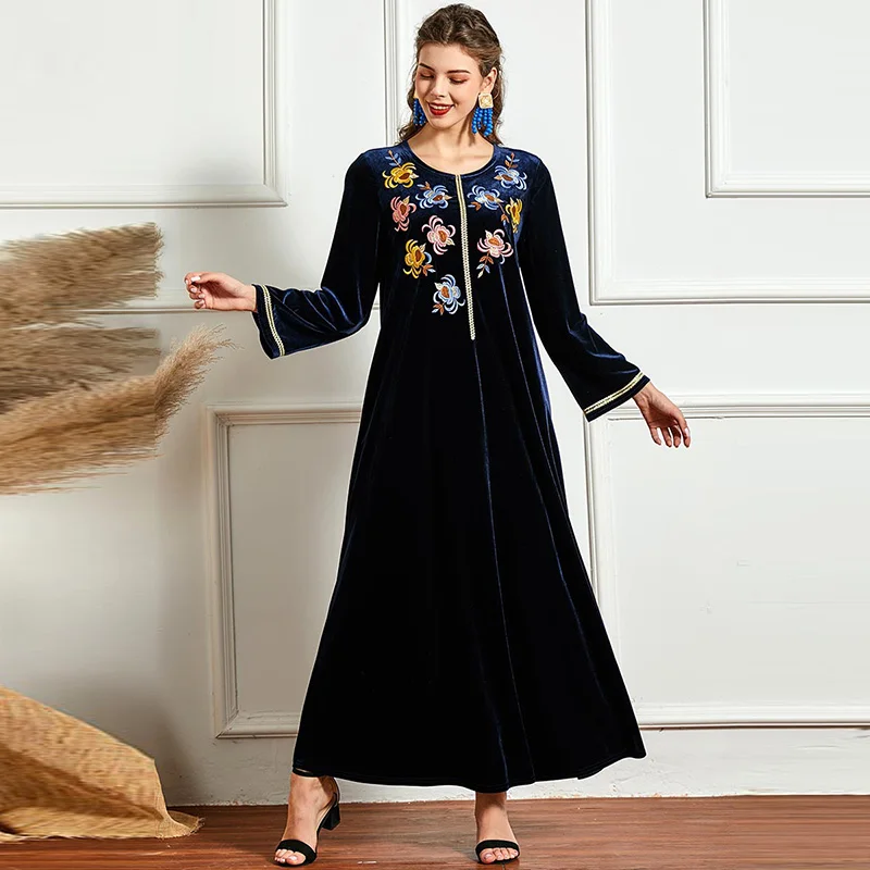 

Осенне-зимняя темно-синяя длинная юбка, модная с цветочной вышивкой, мусульманская Повседневная золотистая бархатная длинная юбка с широко...