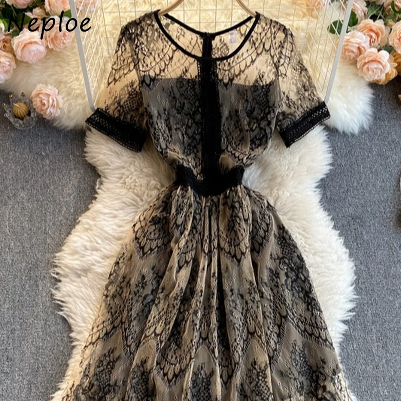

Vintage French Temperament Dress Women High Waist Hip A Line Lace Slim Vestidos O Neck Pullover Short Sleeve Robe Summer
