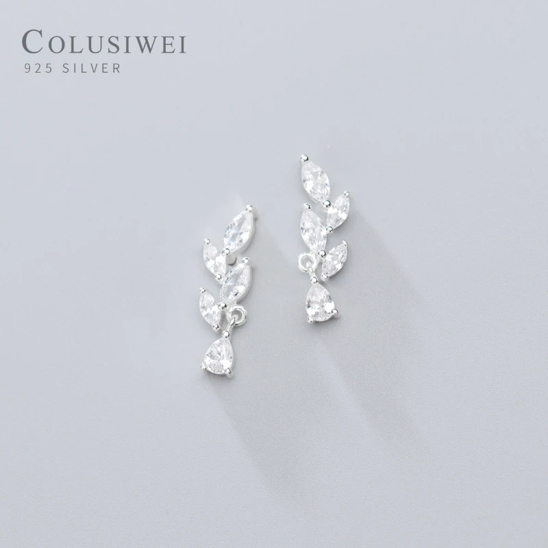 

COLUSIWEI Authentic 925 Sterling Silver Spring Leaf Leaves Clear CZ Stud Earrings for Women Engagement Fine Earrings Jewelry