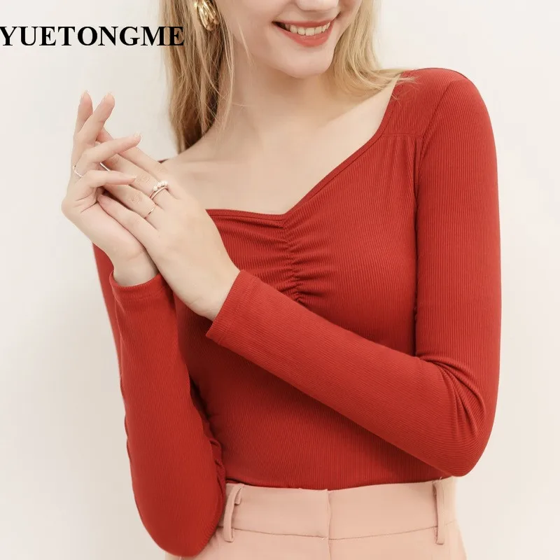 Весенняя Новая модная женская футболка с квадратным вырезом плиссированная