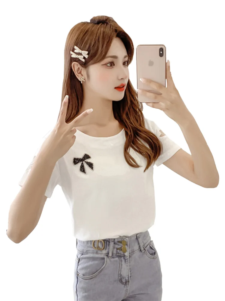 

2021 Summer New Pure Cotton round Neck Hollow-out Short Sleeve Top Fashion Casual Loose All-Match T-shirt Women's Fashion