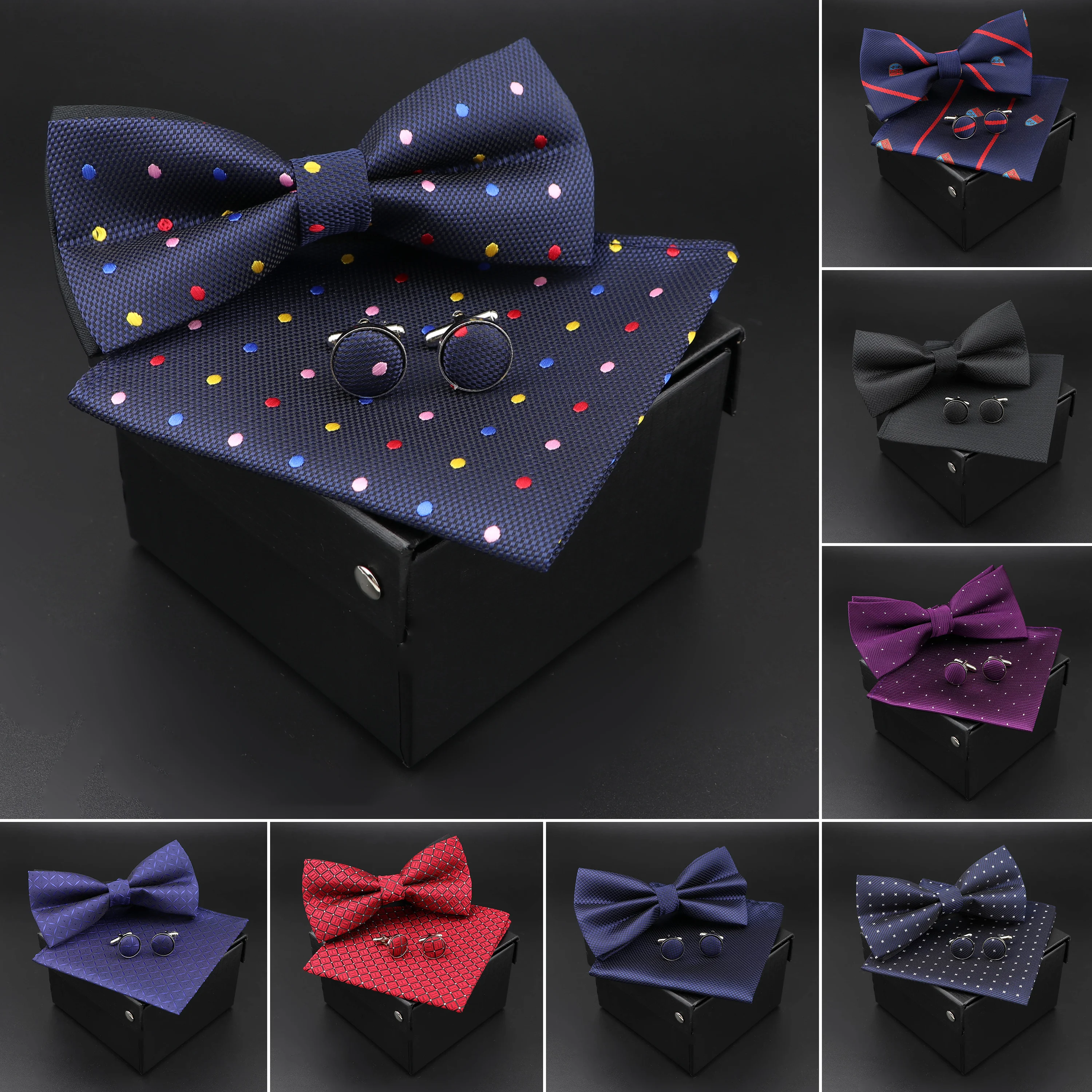 

Solid Polyester Dots Bowtie Handkerchief Cufflinks Set Men Fashion Butterfly Party Wedding Bowties Without Box Novelty Ties Gift