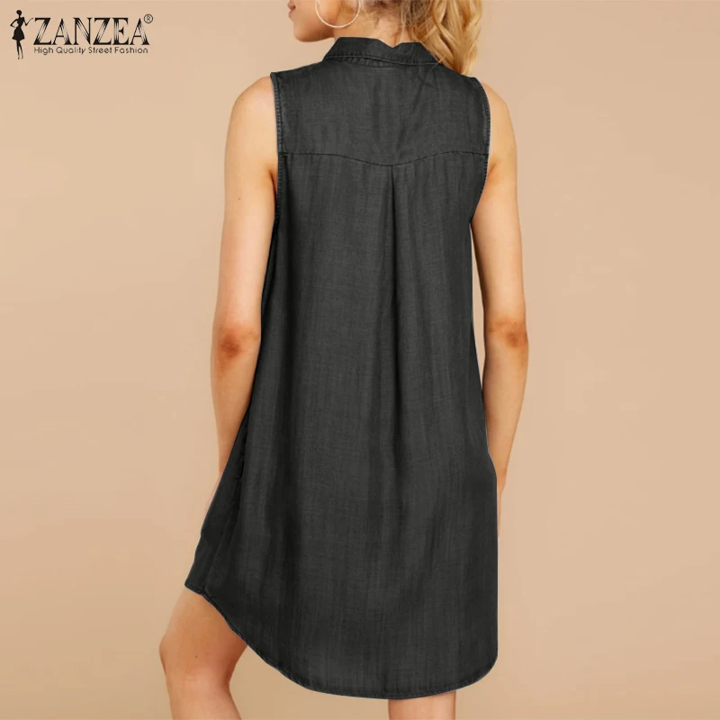 ZANZEA Women Stylish Sleeveless Mini Jeans Dress Vintage Demin Baggy Casual Sundress Buttons Vestidos Robe Plus Size | Женская одежда