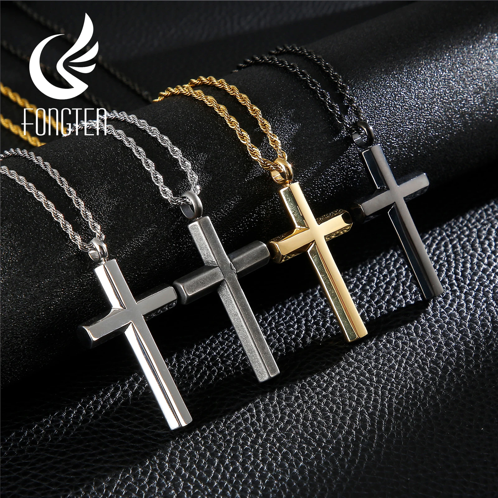 

Fongten Big Cross Pendant Necklace Mens Matte Polished Gold Color Long Chain Punk Style Vintage Jewelry Women Lover Gift