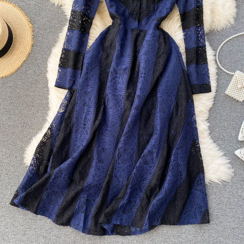 

chic heavy industry hollow out Embroidery Crochet geometric stripe V-Neck long sleeve dinner dress advanced dress