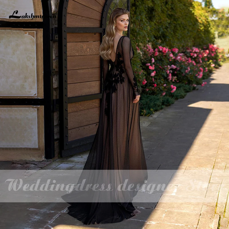 

Lakshmigown Sexy V Neck Black Wedding Dresses robe de mariee Lace Appliques Bridal Gowns with Long Sleeve Backless Party Dress