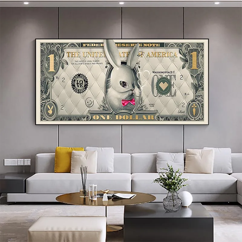 Милый кролик Один Доллар Постер Печати Абстрактность Бело-Золотая Долларная Холстовая Живопись Современное Искусство для Гостиной.