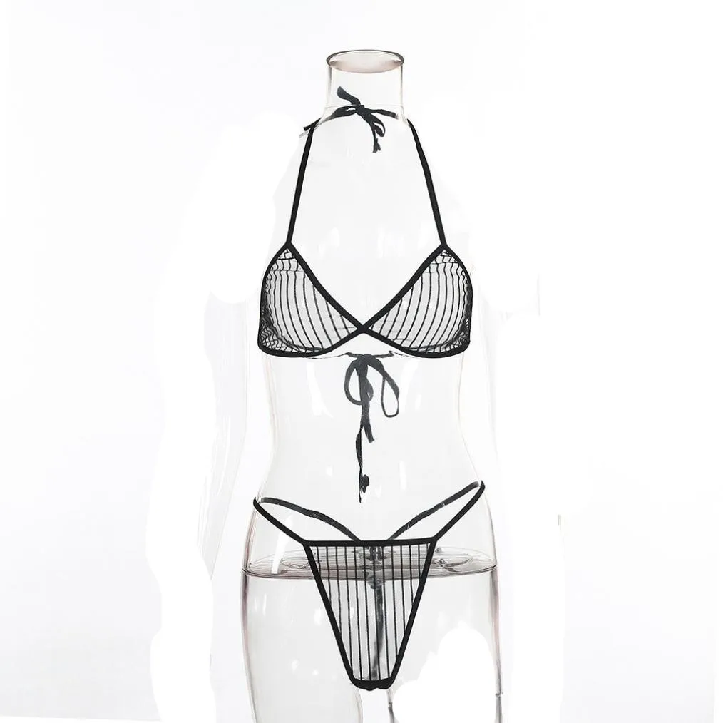 

Sexy Lingerie 2Pcs Underwear Set Lace Dot Print Sexy Women Intimates Thongs V-String Transparent Female Underwear Bra Set