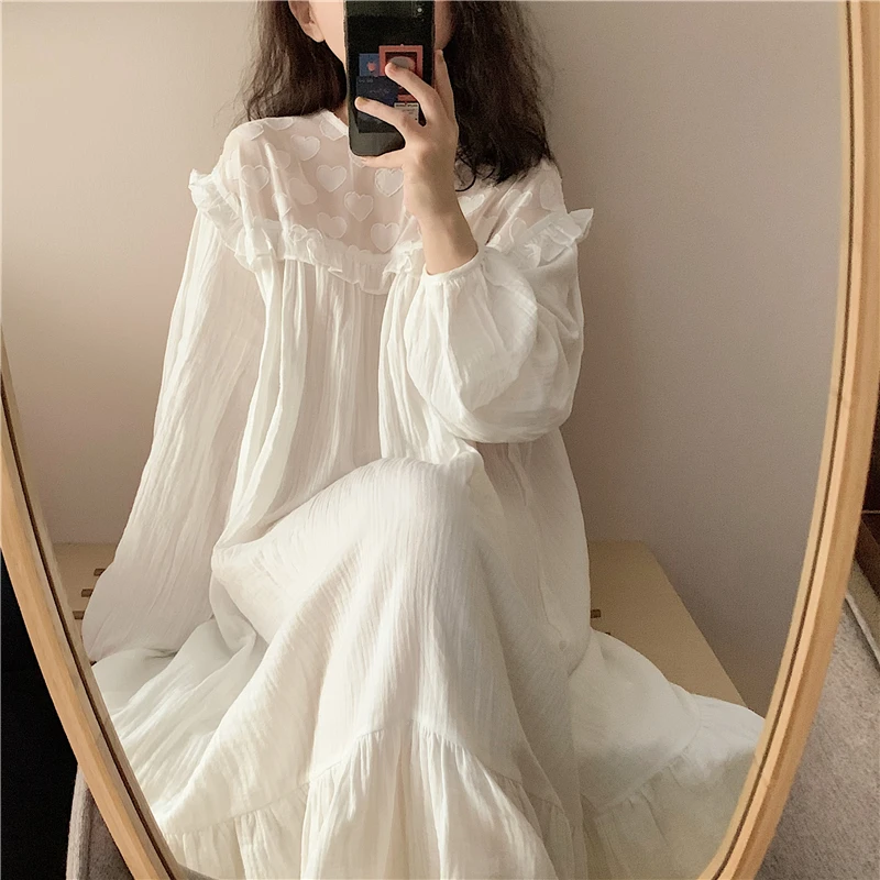 

Ins Long Sleeve Cotton round Neck Stitching Love Homewear Autumn Nightdress Pajamas Women's Autumn Outer Wear Dress Long Dress
