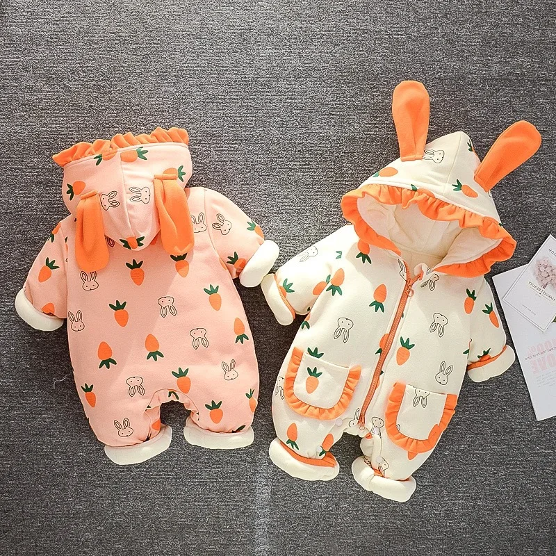 

Baby Girls Winter Ear Hooded Thicken Winter Rompers Padded Cartoon Carrot Printed Jumpsuits for Toddler Outwear Clothes