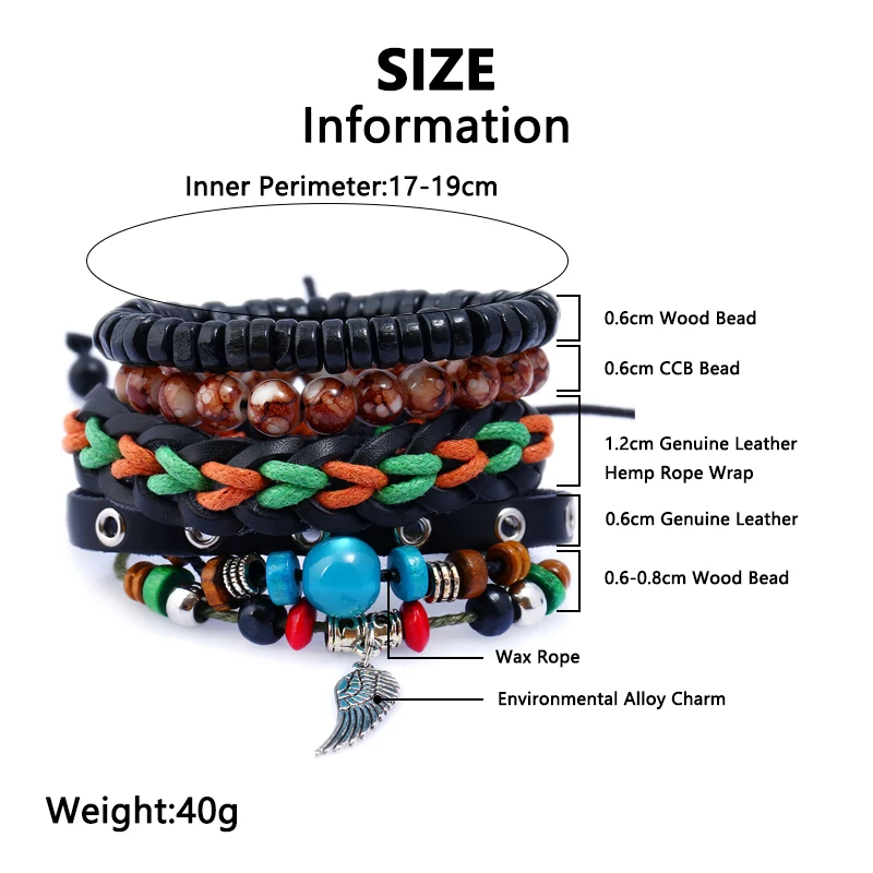 4pc Multilayer Genuine Leather Bracelet Set Feather Leaf Charms Wooded Beads Bracelets for Men Women Vintage Punk Wrap Wristband | Украшения