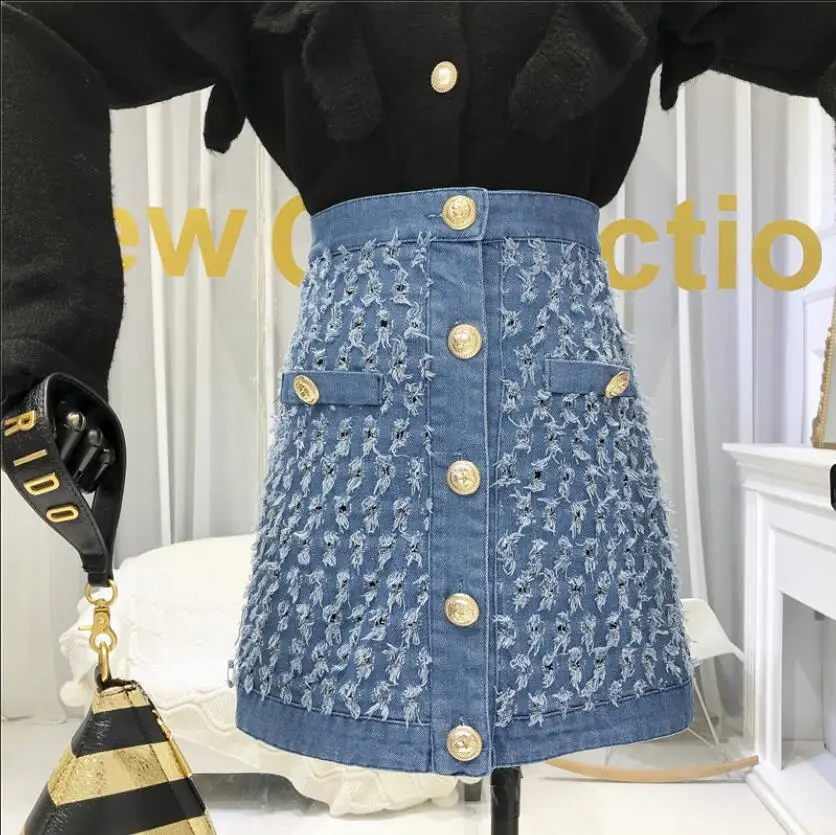 New Spring Vintage Tattered Fringe Denim Skirt Women's Korean High Waist A-line Short Jeans | Женская одежда