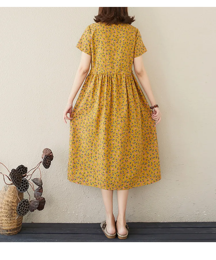 Льняное женское платье Харадзюку летнее свободное с коротким рукавом японское