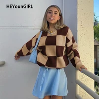 heyoungirl autumn winter plaid brown knitted sweater women casual korean fashion pullovers top vintage long sleeve jumpers 2021