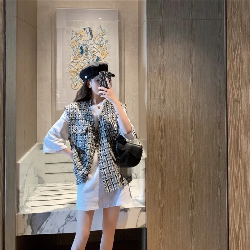 Женский жилет с узором ромбиками однобортный Тонкий твидовый Свободный без