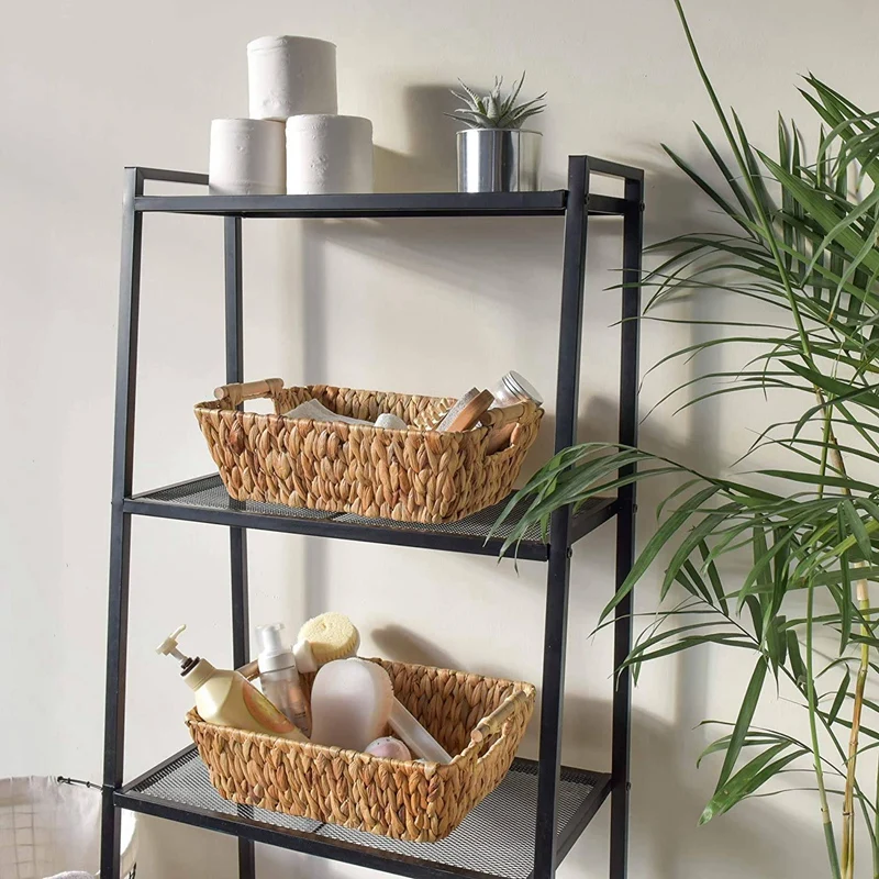 

Hand-Woven Large Storage Baskets with Wooden Handles, Water Hyacinth Wicker Baskets for Organizing, Set of 2