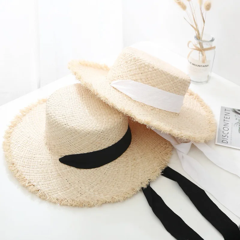 

New Summer Parent Child Beach Sun Shade Raffia Flat Top Fedora Straw Hat Vintage Panama Church Silk Ribbon Wide Brim Straw Hat