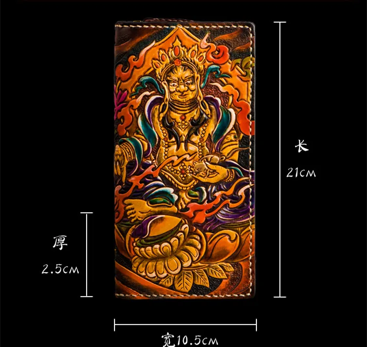 1 Handmade Wallets Carving the god of wealth Purses Men Long Clutch Vegetable Tanned Leather Wallet Card Holder - Цвет: 1