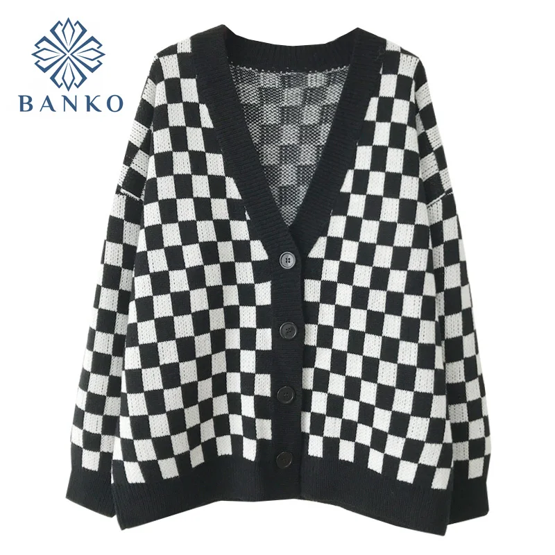 

Женский свитер на пуговицах, черный клетчатый кардиган с V-образным вырезом, Топ с длинным рукавом, вязаные замшевые Джемперы на осень и зиму...