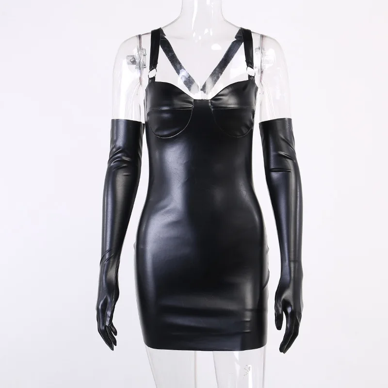 

Autumn PU Sexy Gothic Short Dress Leather Girl Fashion Strapless Strap Dress Black Backless Bodycon Dress Suit Designer Uniform