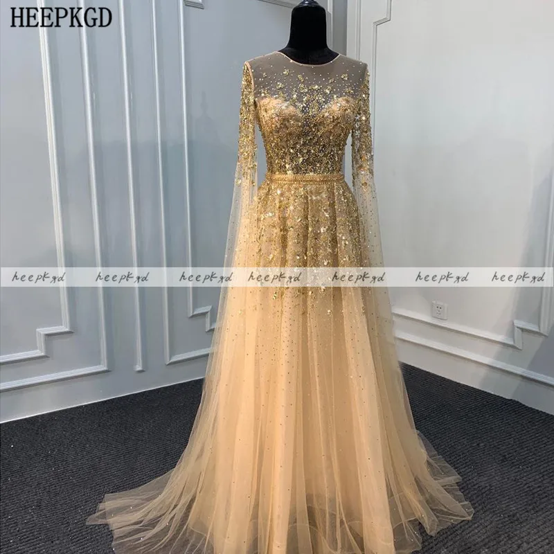 

Champagne Long Sleeves Dubai Evening Dress Luxury Crystal A Line Tulle Formal Occasion Dresses For Women Prom Party Gowns
