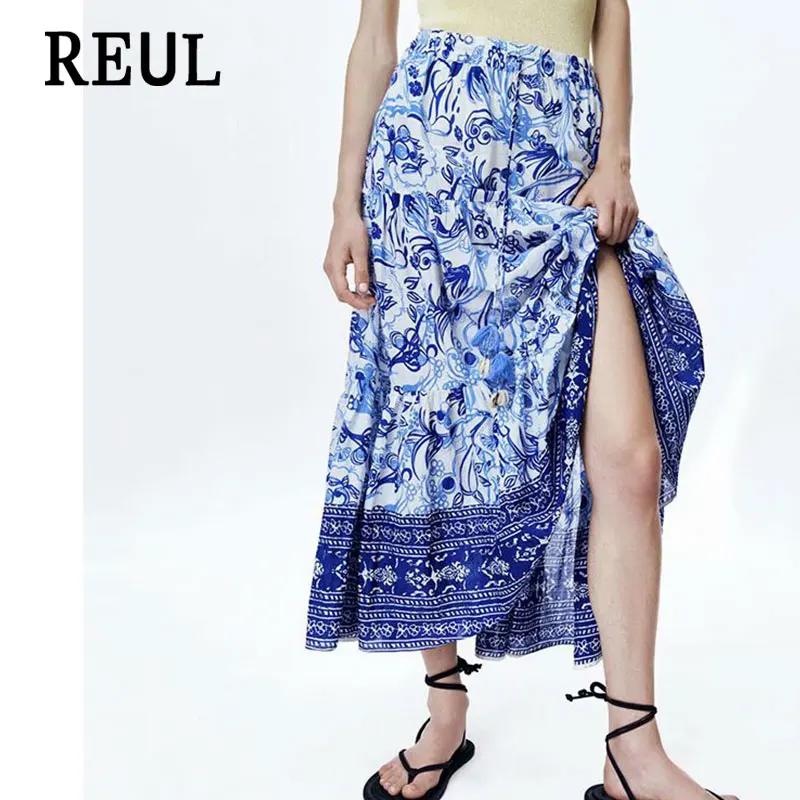 

REUL 2021 Za Women Chic Fashion Ruffled Print Blue Midi Skirt Vintage Sweet Elastic Waist With Drawstring Female Skirts Mujer