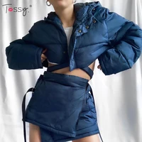 tossy design high waist fall winter 2 piece skirt sets puffer coat women outfits cropped hooded quilted coat casual matching set