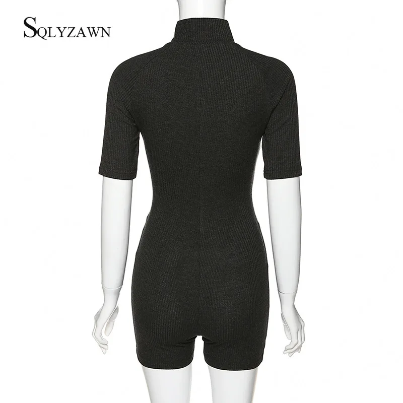 

Summer Workout Active Wear Playsuits Ribbed Solid Skinny Short Sleeve Biker Shorts Rompers Women Letter Ribbon Fitness Jumpsuit