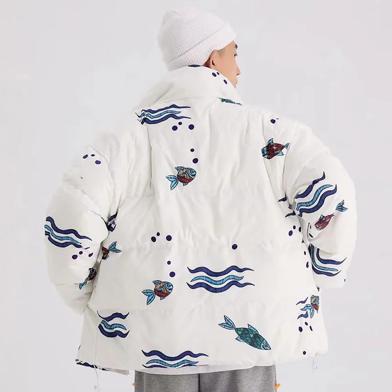 Aolamegs Winter Jacket Men Parkas Colorful Fish Painting Print Outwear Loose Warm Japanese Harajuku Thick Coat Couple Streetwear