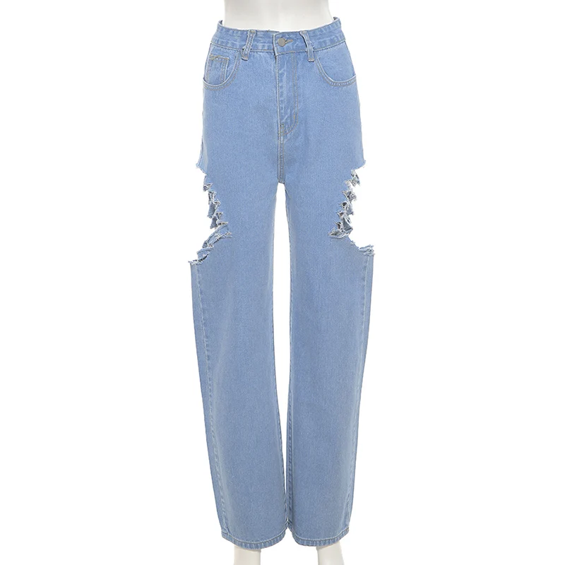 

Ripped Hole Denim High Waist Pants Autumn 2021 Women Streetwear Jeans Skinny Wide Leg Patchwork Long Trousers Blue Yuqung