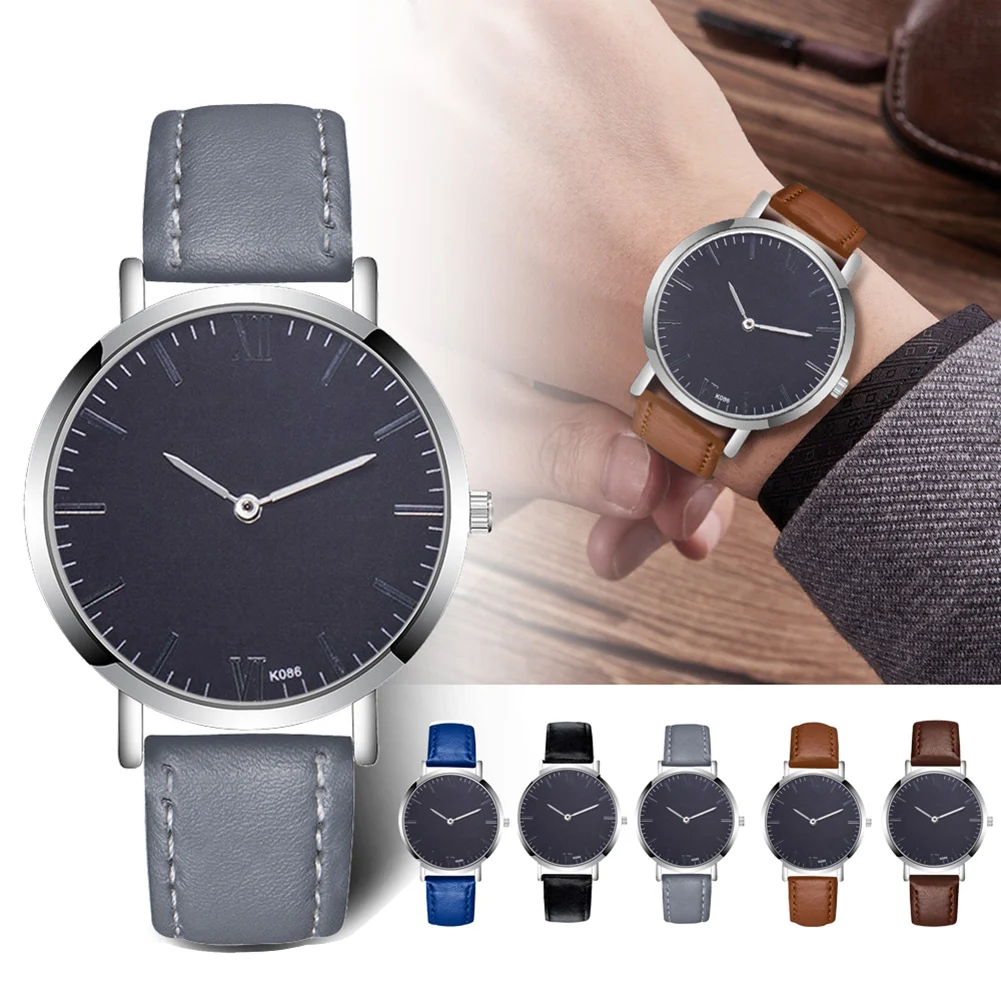 

Newly Men Casual Analog Quartz Wristwatch Round Dial with PU Leather Band m99